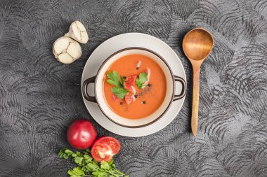 Domates, biber, sarımsak ve fre ile İspanyol soğuk gazpacho çorbası