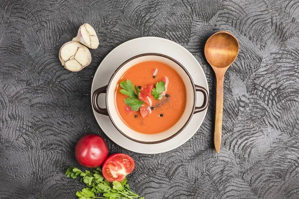 Domates, biber, sarımsak ve fre ile İspanyol soğuk gazpacho çorbası