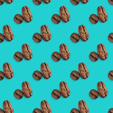 Turkuaz arka planda kusursuz kahve çekirdeği deseni.