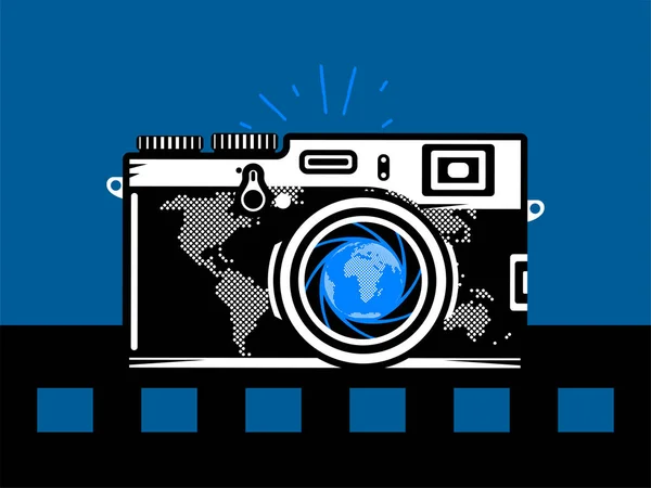 Travel photography camera with globe — Stock Vector