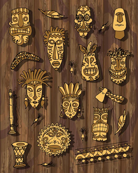 Máscara tribal vector conjunto sobre fondo de madera — Archivo Imágenes Vectoriales