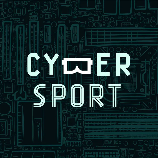 Cybersport text icon with virtual reality glasses B on circuit board background — Stock Vector