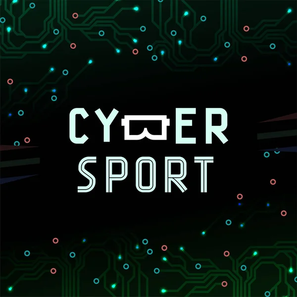 Cybersport text icon mit Virtual-Reality-Brille b auf Platinenhintergrund — Stockvektor