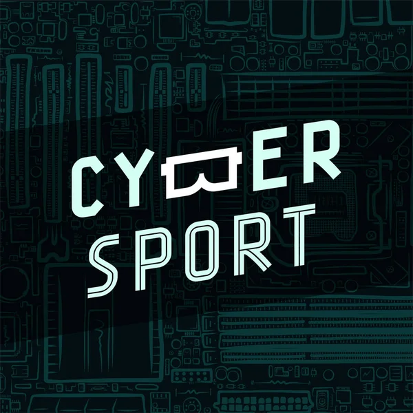 Cybersport text icon with virtual reality glasses B on circuit board background — Stock Vector