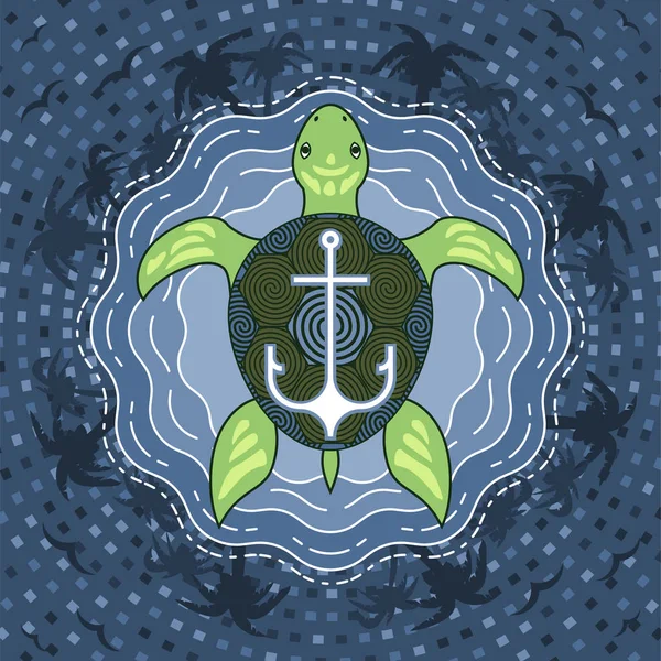 海龟与锚在蓝色海岛水背景 — 图库矢量图片