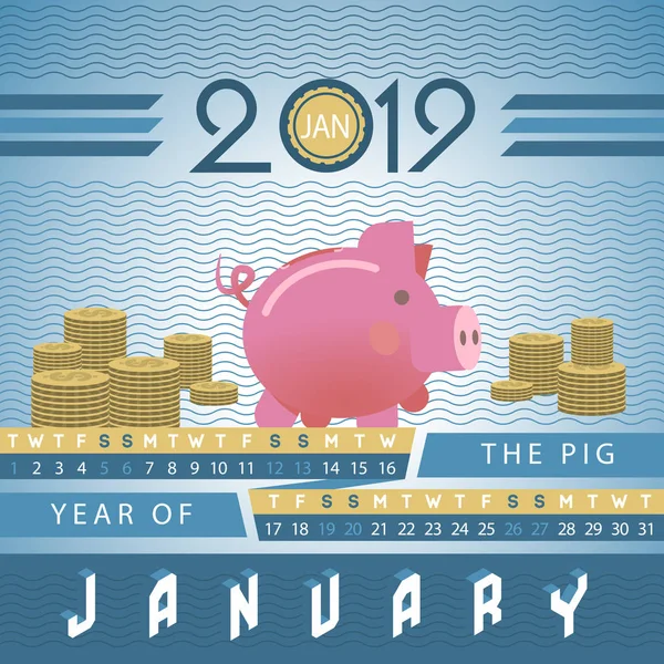 Мотивационный векторный календарь инвестиций в свиньёй банк 2019 — стоковый вектор
