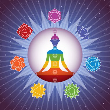 Yıldızlı gökyüzü arka plan üzerinde renkli daire shining meditasyon yoga kız siluet Çakralar ile işaretler