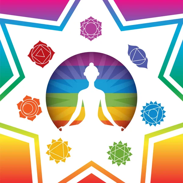 Meditando a silhueta da menina do ioga com sinais dos chakras no círculo colorido brilhante no fundo colorido do arco-íris gradiente — Vetor de Stock