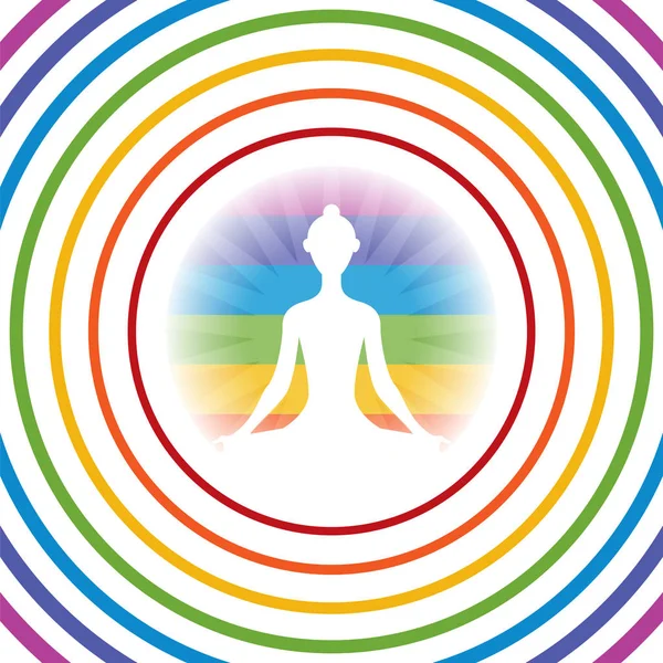 Meditar silueta chica yoga en brillante círculo colorido con anillos concétricos — Vector de stock