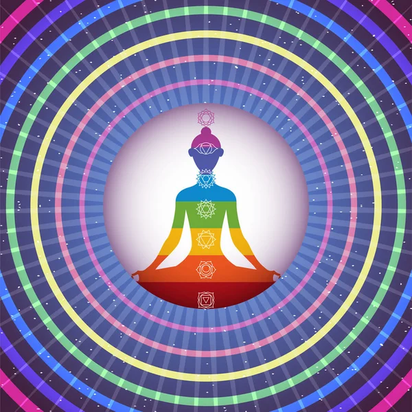 Meditar silueta chica yoga en brillante círculo colorido con anillos concétricos en el fondo del cielo nocturno — Vector de stock