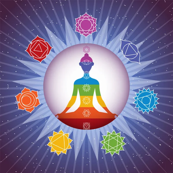 Meditating yoga girl silhouette with chakras signs in shining colorful circle on starry sky background — Stock Vector