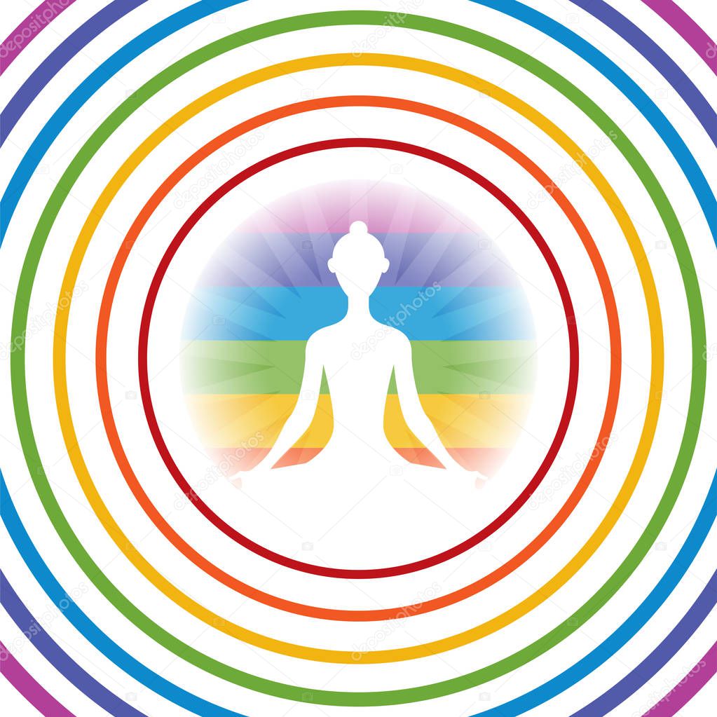Meditating yoga girl silhouette in shining colorful circle with concetric rings , vector illustration