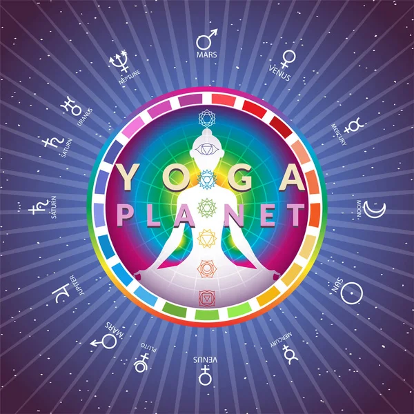 Planeta de yoga, carta de círculo astrológico del sistema solar con chica meditante dentro de círculo colorido con símbolos de chakras en el fondo del espacio — Vector de stock