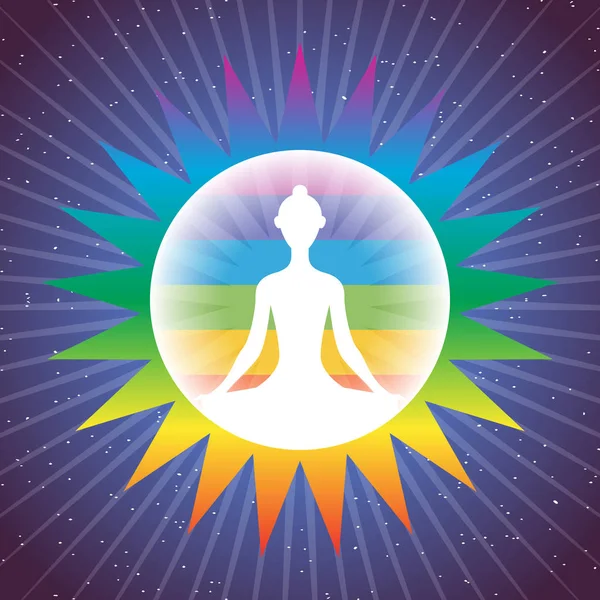 Meditar silueta chica yoga en brillante círculo colorido sobre fondo cielo estrellado — Vector de stock