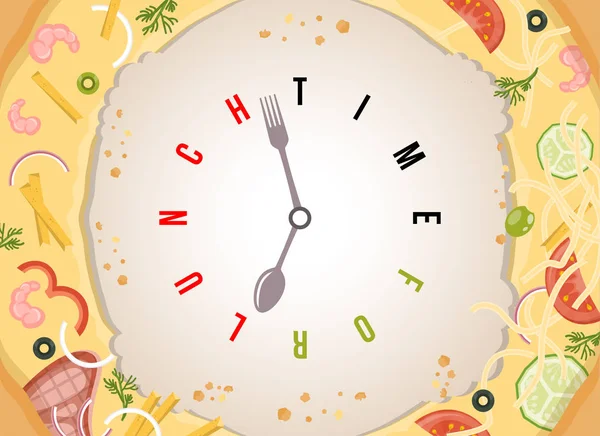 Hora de almorzar. Surtido de pizza con vector conceptual reloj con manecillas de reloj estilizado como cuchara y tenedor . — Vector de stock