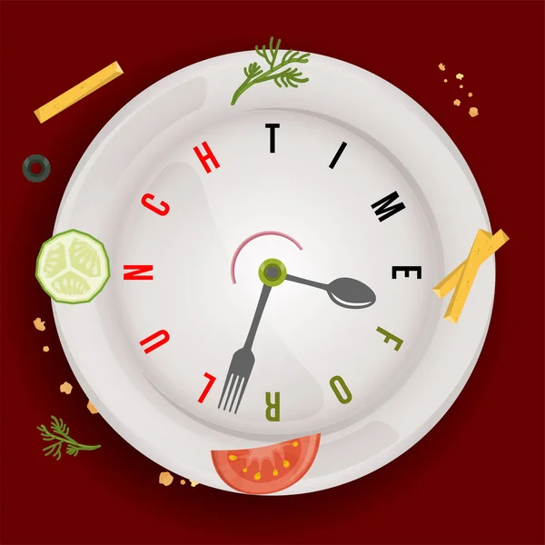 Hora del almuerzo vegano saludable, reloj vectorial conceptual con manecillas de reloj estilizadas como cuchara y tenedor y verduras en el plato del restaurante — Vector de stock