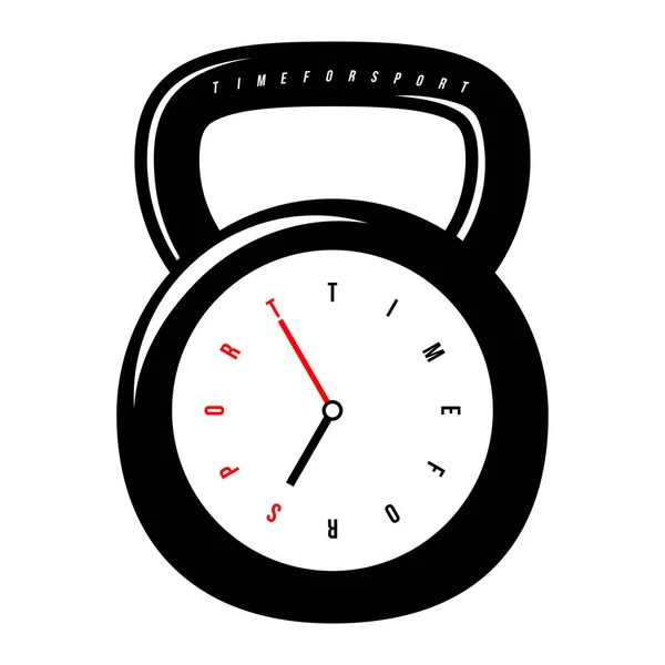Relógio conceitual para ginásio estilizado como um peso com cara de relógio estilizado como um texto. Hora do desporto . —  Vetores de Stock