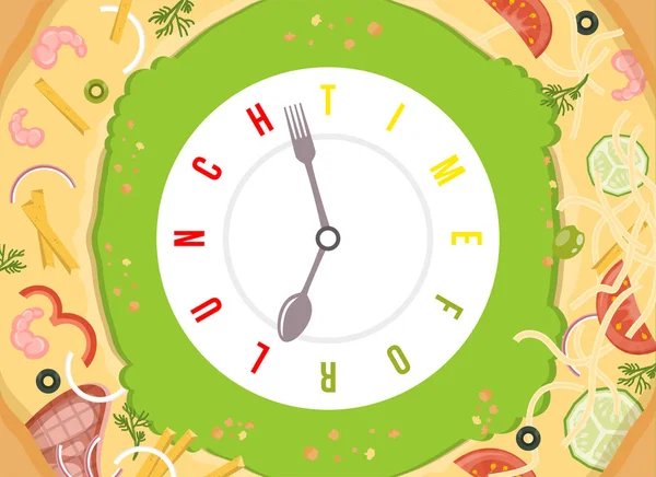 Hora de almorzar. Surtido de pizza con vector conceptual reloj con manecillas de reloj estilizado como cuchara y tenedor . — Vector de stock