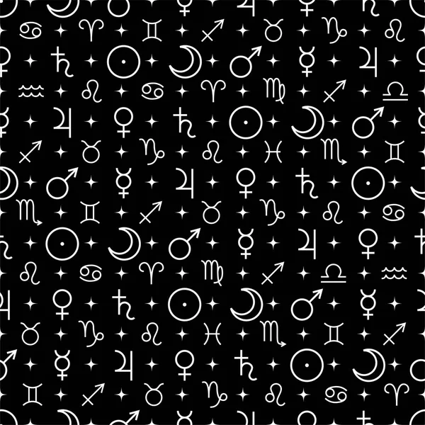 Astrological seamless pattern with planets symbols isolated on black — Stock Vector