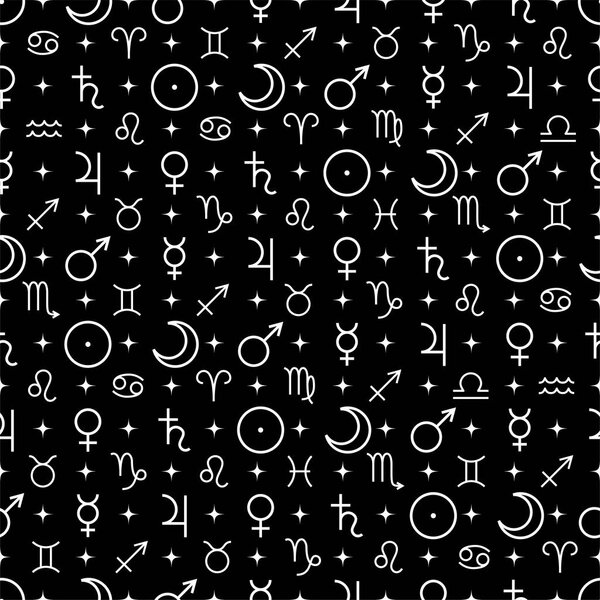 Astrological seamless pattern with planets symbols isolated on black