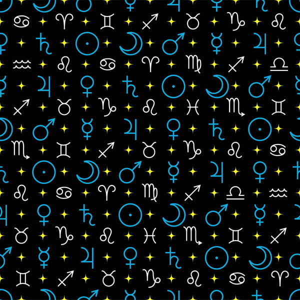 Astrological seamless pattern with planets symbols isolated on black