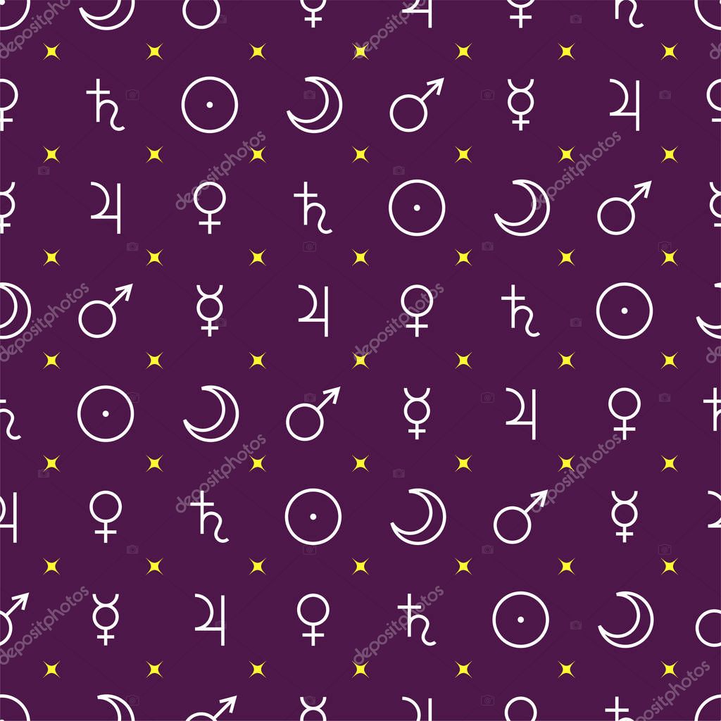 Astrological seamless pattern with planets symbols outline style isolated on purple, vector illustration