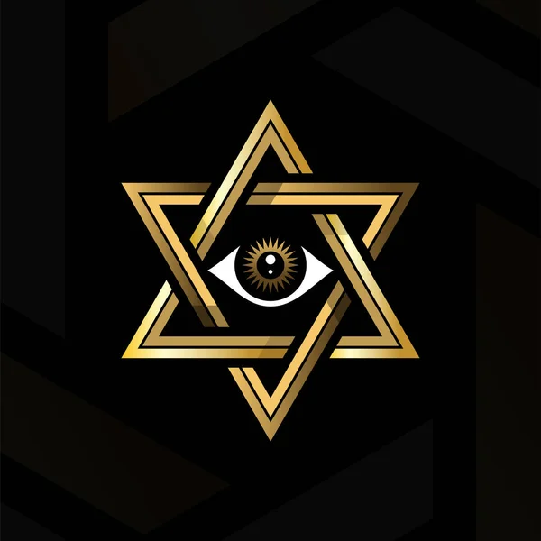 Eye of providence in the center of the hexagram. Sacred geometry or hermeticism. Golden medieval esoteric style vector illustration. — Stock Vector