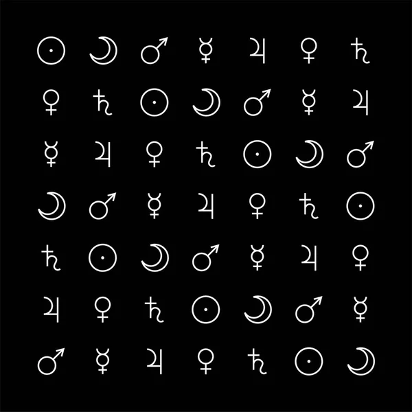 Símbolos de planetas astrológicos isolados em preto —  Vetores de Stock