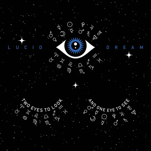 Ilustración del tercer vector ocular en el fondo del espacio, dos ojos para mirar, un ojo para ver — Vector de stock