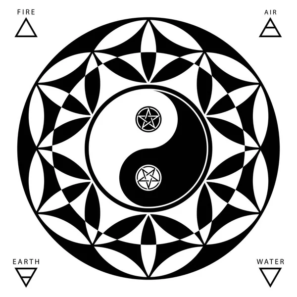 Yin Yang oriental simbol sakral ditetapkan terisolasi di atas putih - Stok Vektor