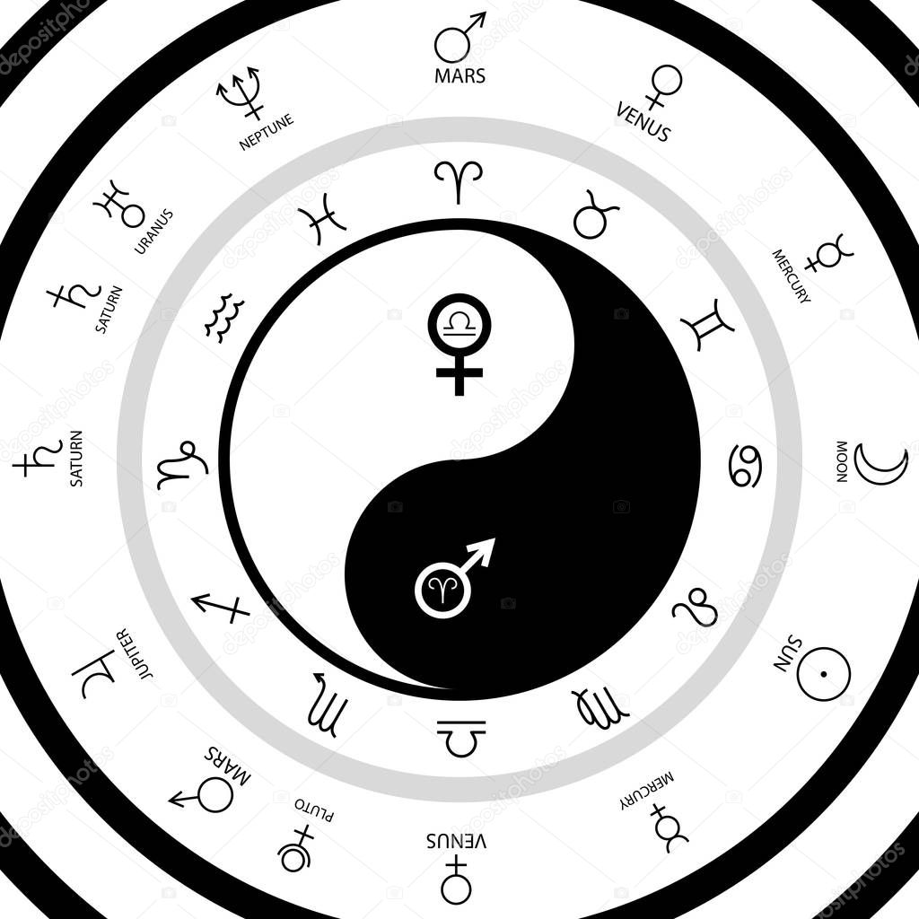 Yin Yang oriental sacral symbol with Mars and Venus astrological symbols inside zodiac planets circle chart