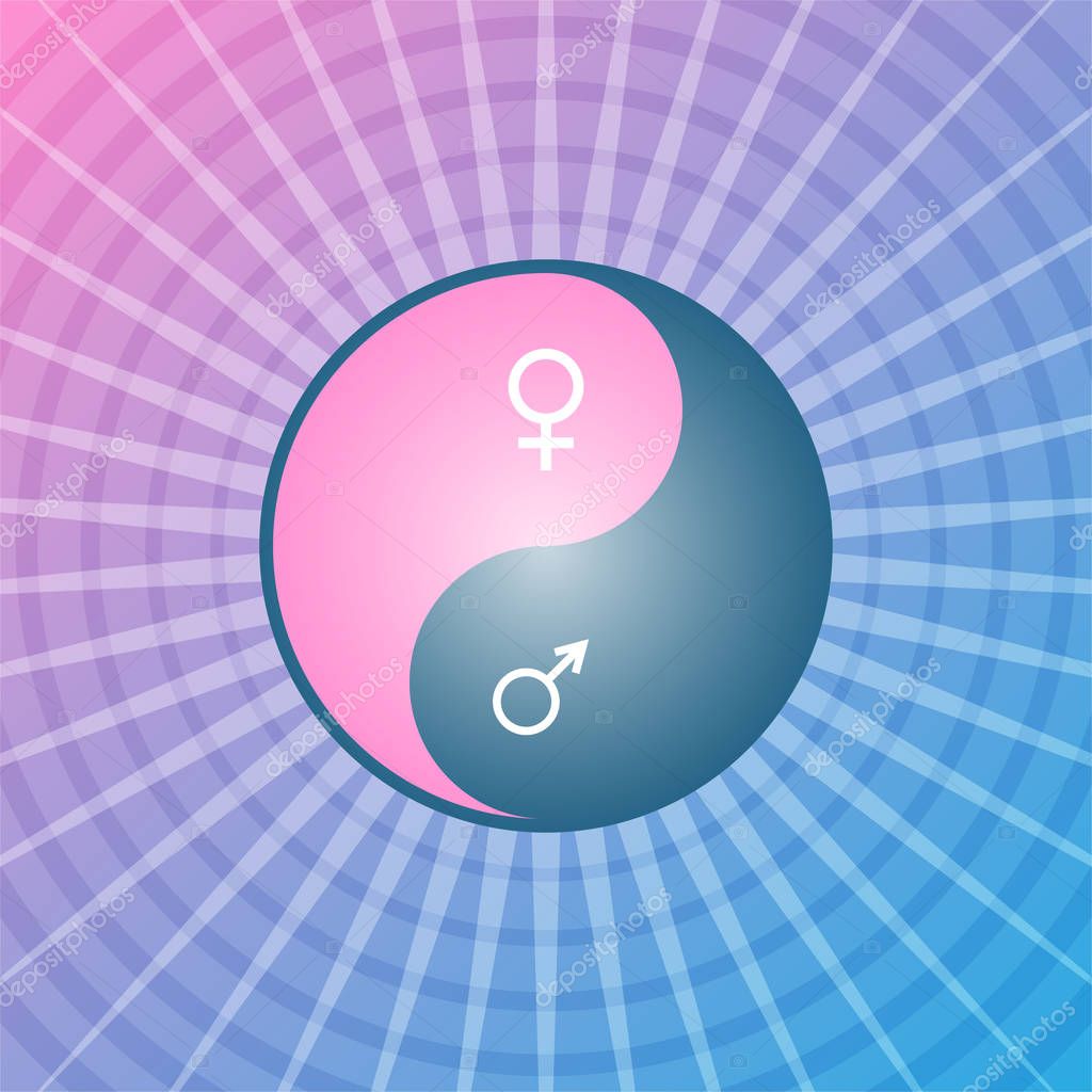 Yin Yang oriental sacral symbol with Mars and Venus astrological symbols inside, love talisman, vector illustration