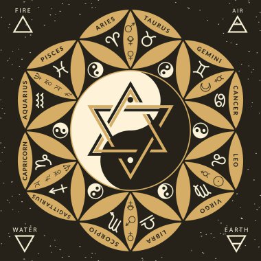 Yaşam backround çiçek astrolojik oryantal zodyak burç, sessiz renk vektör illüstrasyon