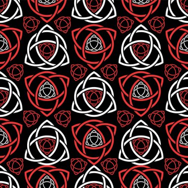 Triquetra trefoil dikişsiz desen kırmızı ve beyaz ton siyah