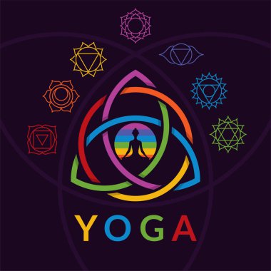 Çakralar işaretleri ve koyu arka plan üzerinde triquetra renkli kutsal sembolü ile meditasyon yoga kız silueti