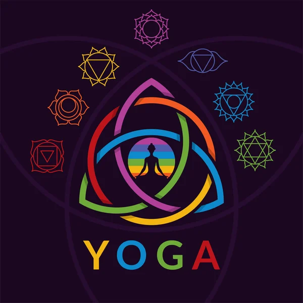 Meditando ioga silhueta menina com sinais de chakras e colorido símbolo sagrado do triquetra no fundo escuro — Vetor de Stock