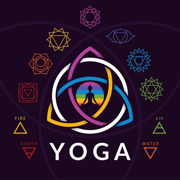 Meditar silueta chica yoga con signos de chakras y colorido símbolo sagrado de triquetra sobre fondo oscuro — Archivo Imágenes Vectoriales