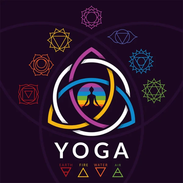 Meditar silueta chica yoga con signos de chakras y colorido símbolo sagrado de triquetra sobre fondo oscuro — Vector de stock