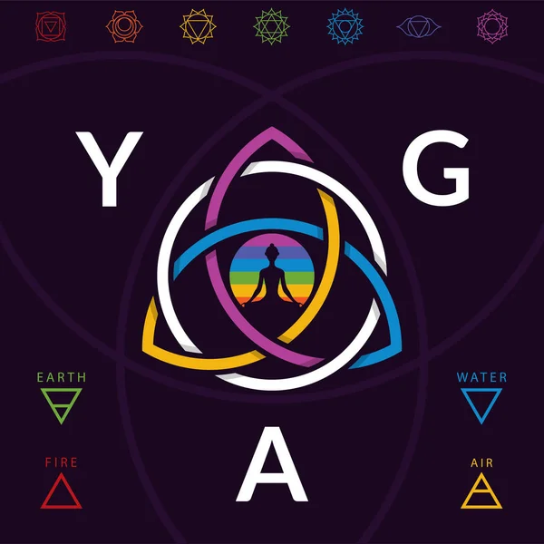 Meditar silueta chica yoga con signos de chakras y colorido símbolo sagrado de triquetra sobre fondo oscuro — Archivo Imágenes Vectoriales