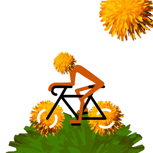 タンポポの花の車輪が付いている自転車のライダー。ベクトルイラスト — ストックベクタ