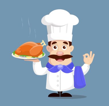 Kavrulmuş tavuk vektör çizim elinde Şef