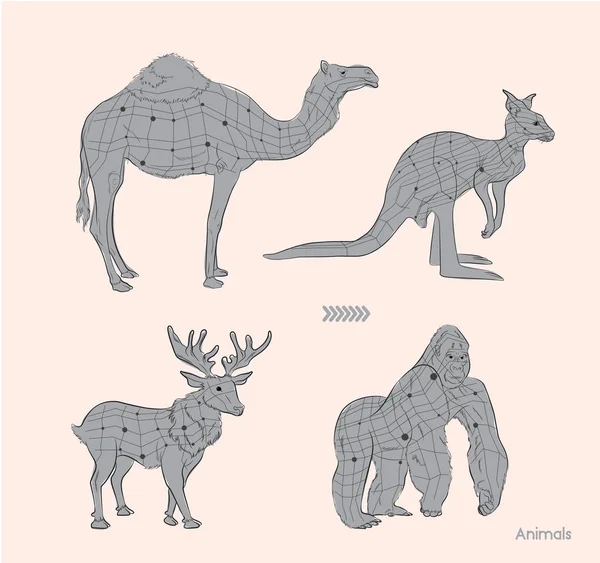 Diversos animales que dibujan y el sistema vectorial del arte de línea — Vector de stock