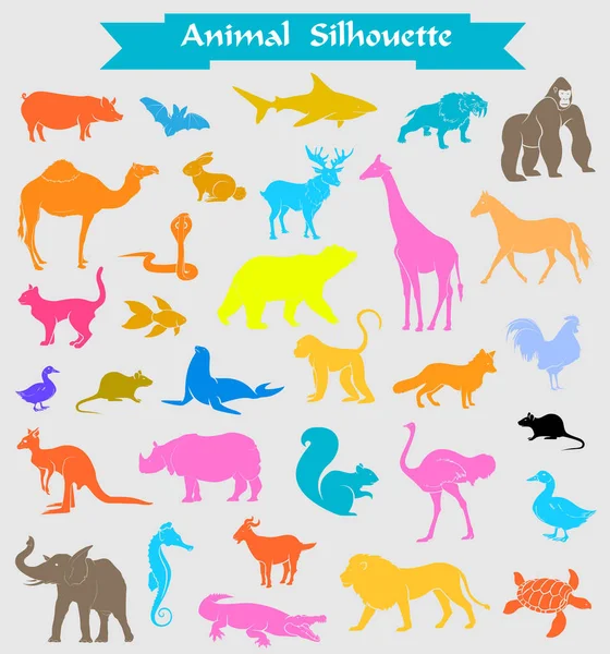 Conjunto de siluetas de animales de zoológico de colores — Vector de stock