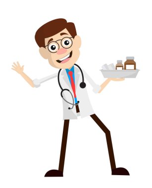 Komik mutlu doktor ilaç vektör ile