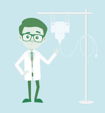 Çizgi film Doktor serum fizyolojik IV sıvı intravenöz damla vektör ile