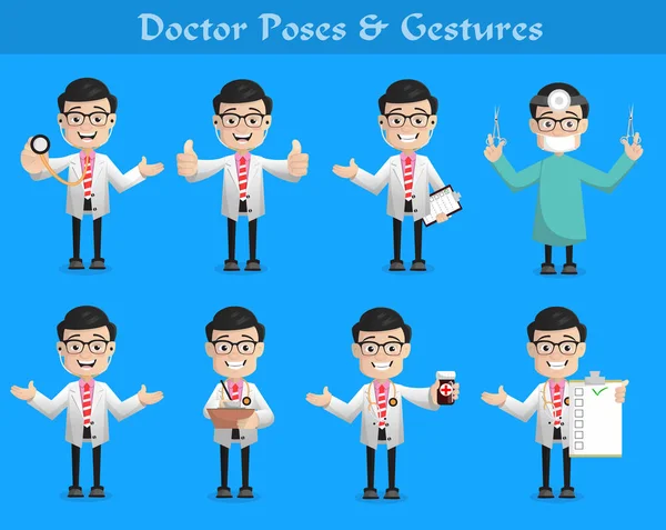 Cartoon Doctor Poses Expressions Gestures Set — Stock Vector