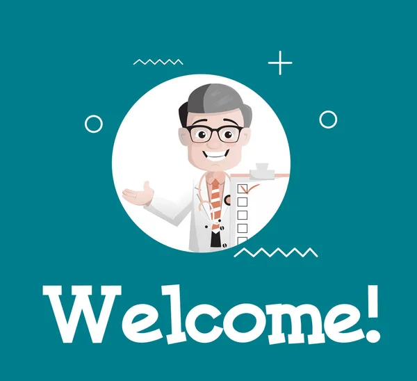 Karikatür mutlu doktor yapıyor tebrik vektör çizim hoşgeldiniz