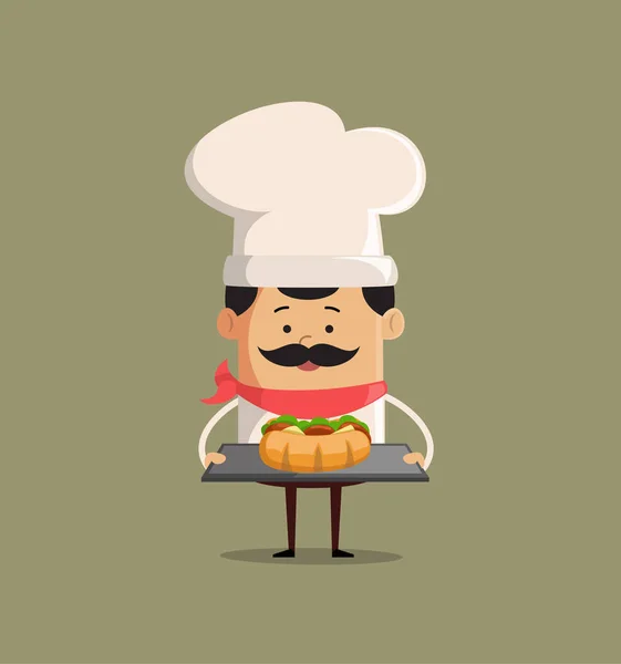 Chef Dibujos Animados Sirviendo Hot Dog Plana Vector Ilustración Diseño — Archivo Imágenes Vectoriales