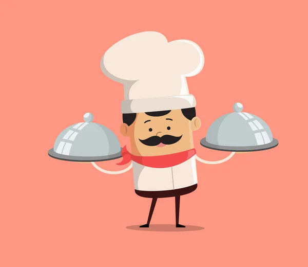 Chef Dibujos Animados Listo Para Servir Comida Flat Vector Illustration — Archivo Imágenes Vectoriales