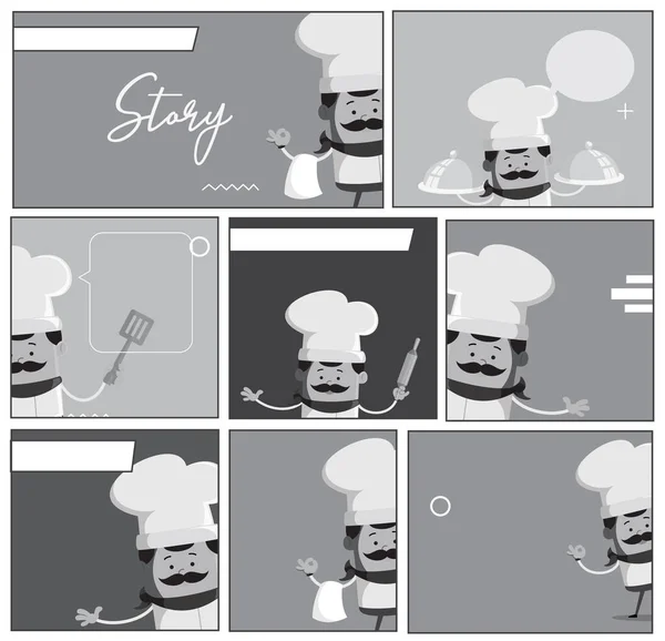 Cartoon Chef vintage comic story strip Flat Vector Illustration Design